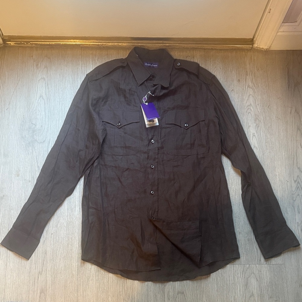 NWT Ralph Lauren Purple Tag 100% Linen Men's Brown Shirt